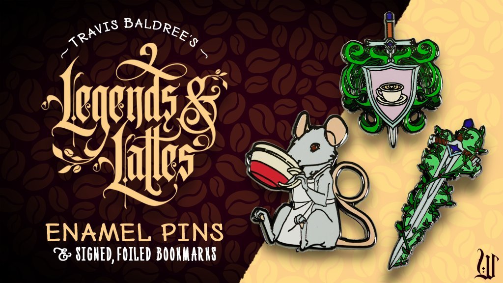 TravisBaldree's tweet photo. The @wraithmarked Kickstarter for Legends &amp; Lattes enamel pins and signed foiled bookmarks is live! The artwork is lovely, and I'm so happy with how these turned out! ♥️  https://t.co/nQnFjHD0lG https://t.co/53moIT0kNh