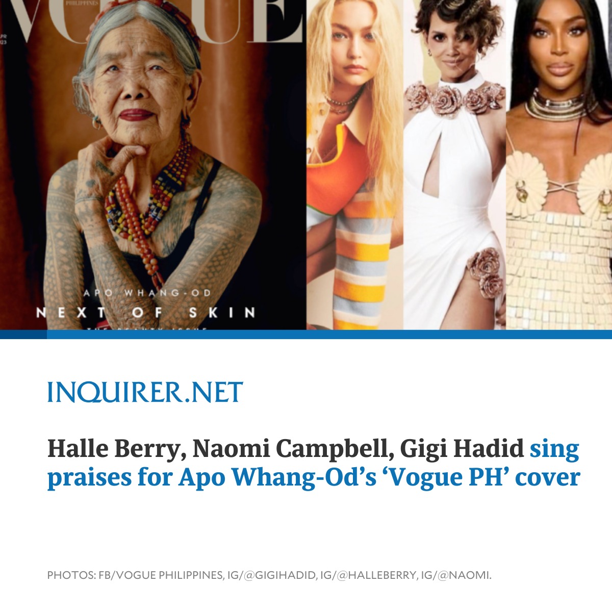 inquirerdotnet's tweet photo. ‘NOW THIS IS REAL BEAUTY’

Actress Halle Berry and supermodels Gigi Hadid and Naomi Campbell seem to be in awe of 106-year-old Buscalan-based “mambabatok” Apo Whang-Od who graced the April 2023 cover of “Vogue Philippines.”

READ: https://t.co/KVOldshJIT https://t.co/3R8JgyqNEQ