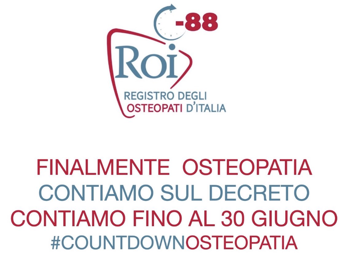 - 88 giorni #COUNTDOWNOSTEOPATIA 
Contiamo sul Decreto. 
Contiamo fino al 30 giugno per dire insieme "Finalmente OSTEOPATIA".

<a href="/mur_gov_/">Ministero dell'Università e della Ricerca</a>
<a href="/BerniniAM/">Anna Maria Bernini 🇮🇹</a>
<a href="/MinisteroSalute/">Ministero della Salute</a>
<a href="/marcellogemmato/">Marcello Gemmato 🇮🇹</a> 

#osteopatia #osteopati #osteopatiaprofessionesanitaria
