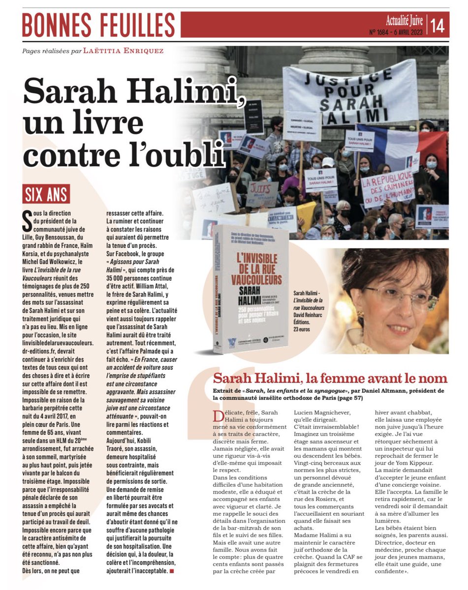 📍Il y a six ans, le 4 avril 2017, Sarah Halimi était assassinée à son domicile. Nous ne l’oublierons jamais. Notre dossier sur le livre mémoriel « L’invisible de la rue Vaucouleurs » à lire cette semaine dans @Actualite_juive