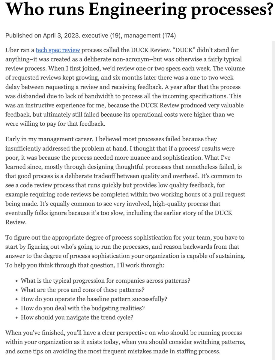 Scaled engineering organizations tend to generate a fair number of processes (tech spec reviews, incident reviews, bespoke perf processes, etc), and I spent some time writing about who ends up running those processes in common scenarios.

Full notes at lethain.com/who-runs-eng-p…