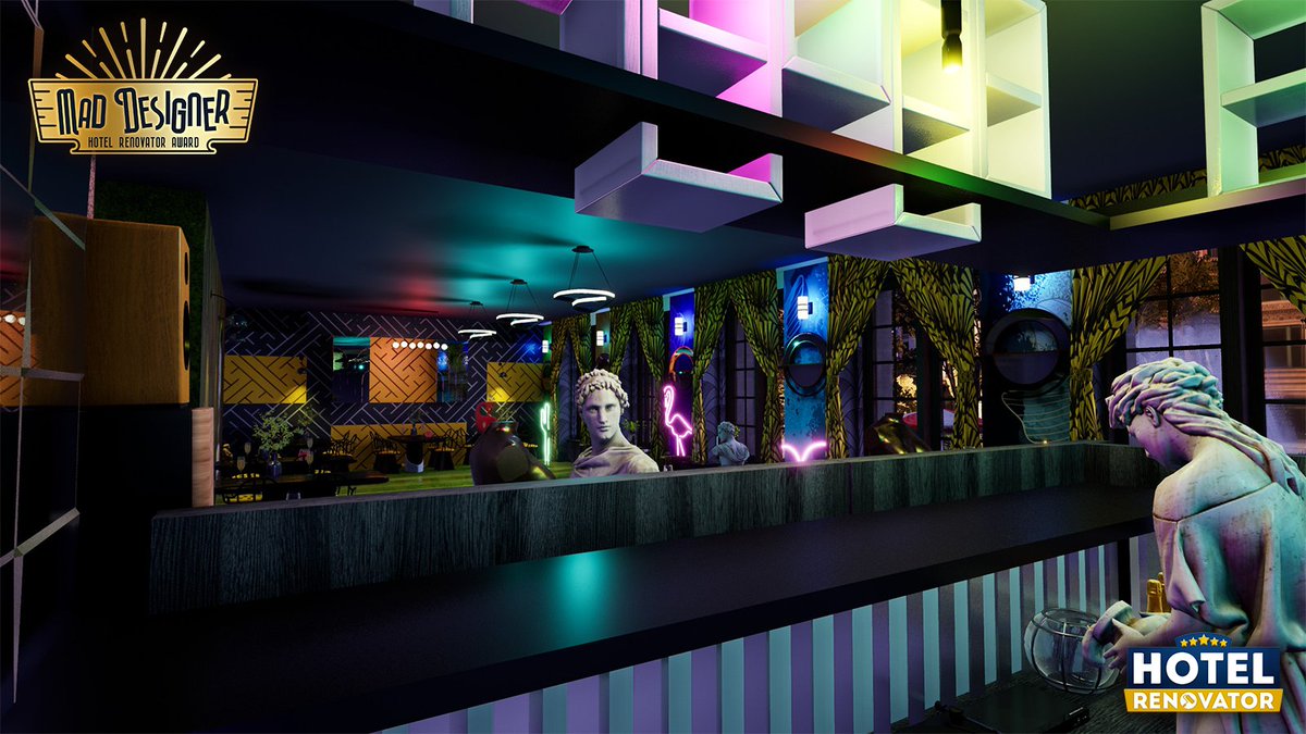 2_Horizons's tweet photo. Congrats to Chuck, last weeks Mad Designer 🤯 champion, whose design showcased a renovated restaurant area filled with a lively atmosphere created by neons, colourful lights, and statues 🏆
#TopDesigner #MadDesigner #HotelRenovator https://t.co/EQlnGB1X4q