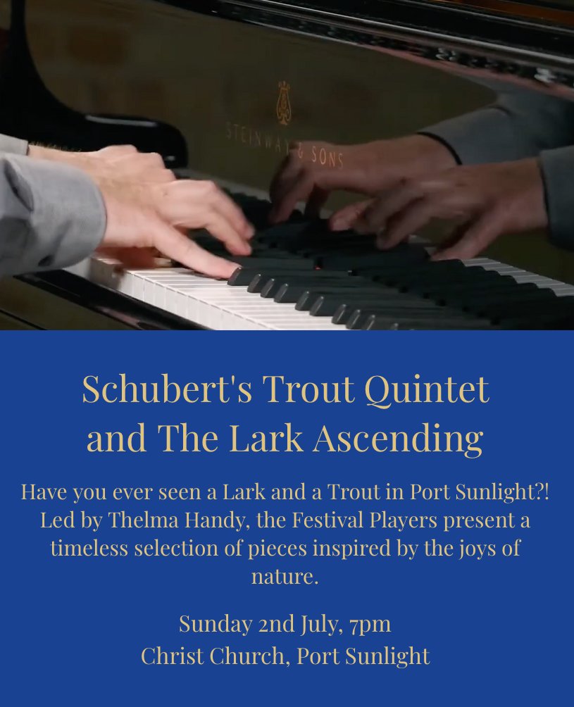 WirralCMFest's tweet photo. Tickets for our Summer Festival 2023 are NOW ON SALE! 

30th June - 2nd July:

@katonatwins 
@KantosChoir  
Schubert's Trout Quintet and The Lark Ascending
Family events and more

£1 for every ticket sold goes to @ClaireHouse
Children go FREE

Book online: https://t.co/NzTfKdG6Oh https://t.co/7uNAidNf9t