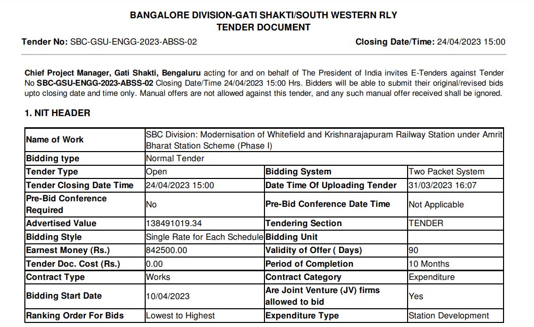 Tenders floated by @SWRRLY :

Modernisation of #Whitefield and #Krishnarajapuram railway station under amrit bharat station scheme (phase I)

@PCMohanMP @ArvindLBJP