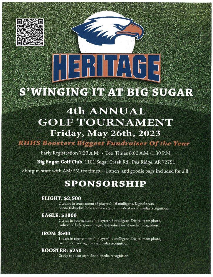 RogersHeritage's tweet photo. We are are looking for sponsors for our annual RHHS Booster Club Fundraiser! 🦅 https://t.co/DCu2hywqfH