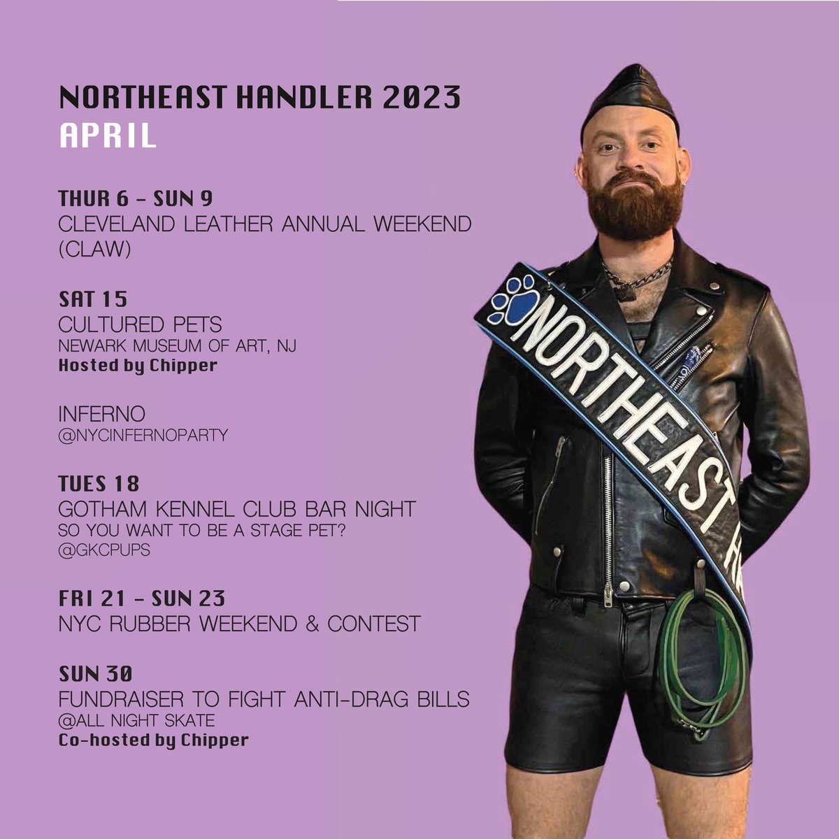 followchipper's tweet photo. Where Iโll be this month.
.
#titlelife #nepah #northeasthandler #sashlife #title #sash #claw #inferno #culturedpets #nycrubberweekend #gkc #leatherboy https://t.co/J3HIJAbKSp