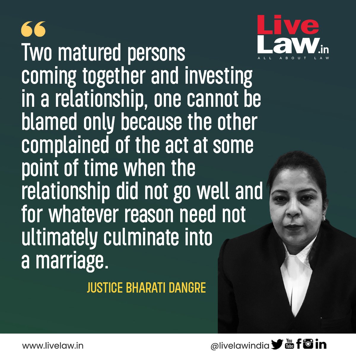 LiveLawIndia's tweet photo. [False Promise To Marry] One Person Can't Be Prosecuted For Rape Merely Because Mutual Relationship Turned Sour: Bombay High Court
Read more: https://t.co/usji7JETbx https://t.co/jjhb8BCSLj