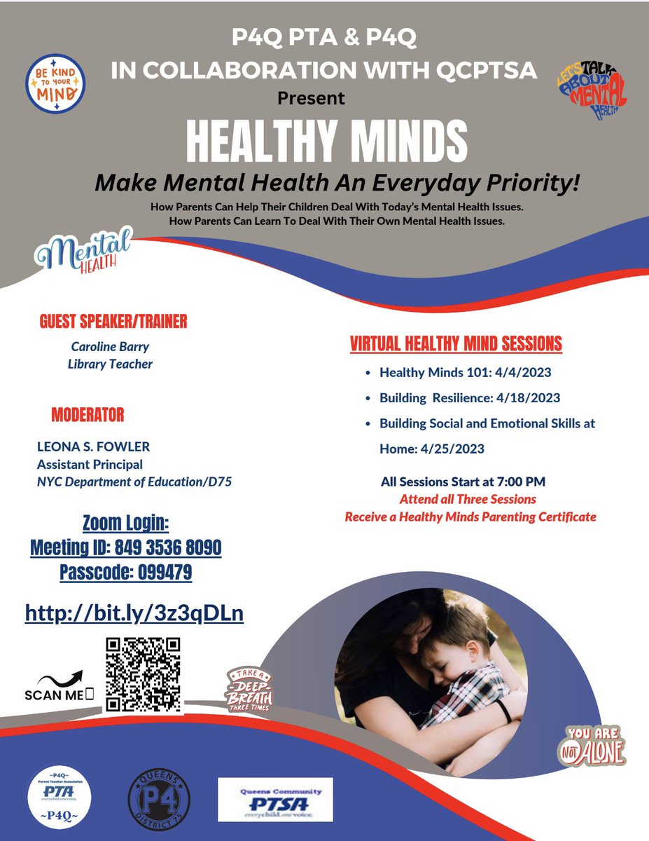 P4Q Families & Staff, please. Join us tonight for virtual healthy minds PD given by one of P4Q’s best, Ms. Barry! @p4_queens @D75Office