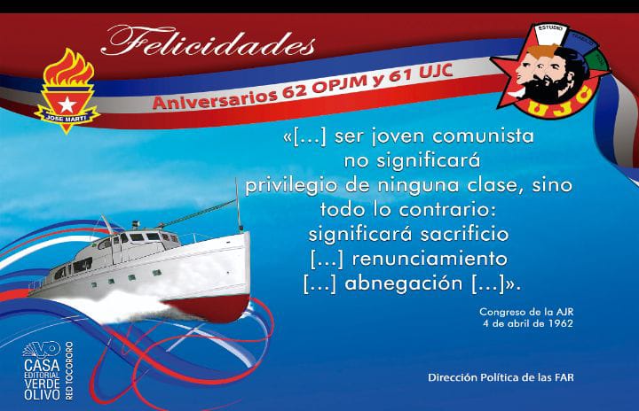 MinfarC's tweet photo. FAR Cuba felicita  a todos los pioneros y jóvenes comunistas, que sea este aniversario el mejor regalo del presente al futuro eterno de la patria.
 #UnaMejorJuventud https://t.co/QJljCDpTTJ