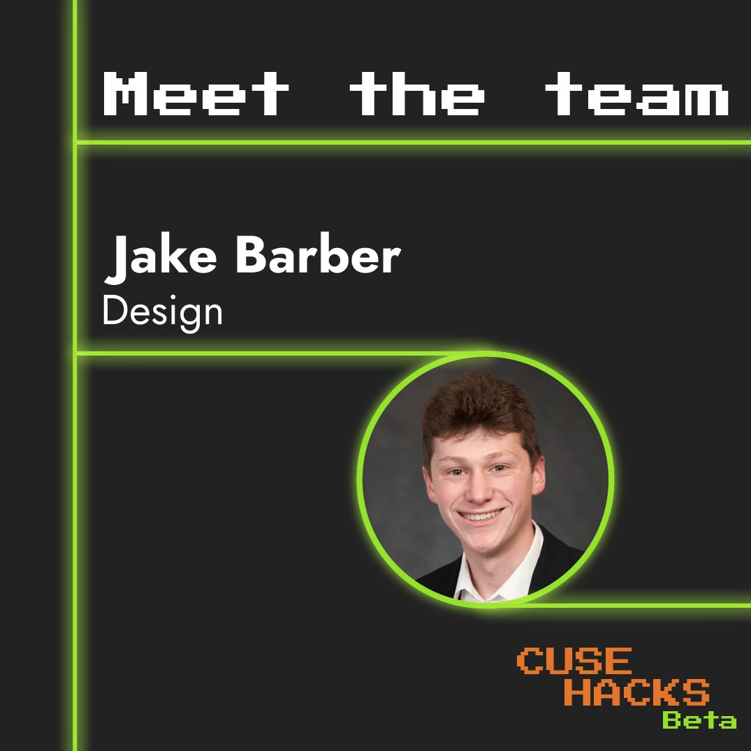 CuseHacks's tweet photo. Time to showcase our design team! Say hello to Jake Barber, one of our designers!
#cusehacks #syracuseuniversity #hackathon https://t.co/N3U23krLcH