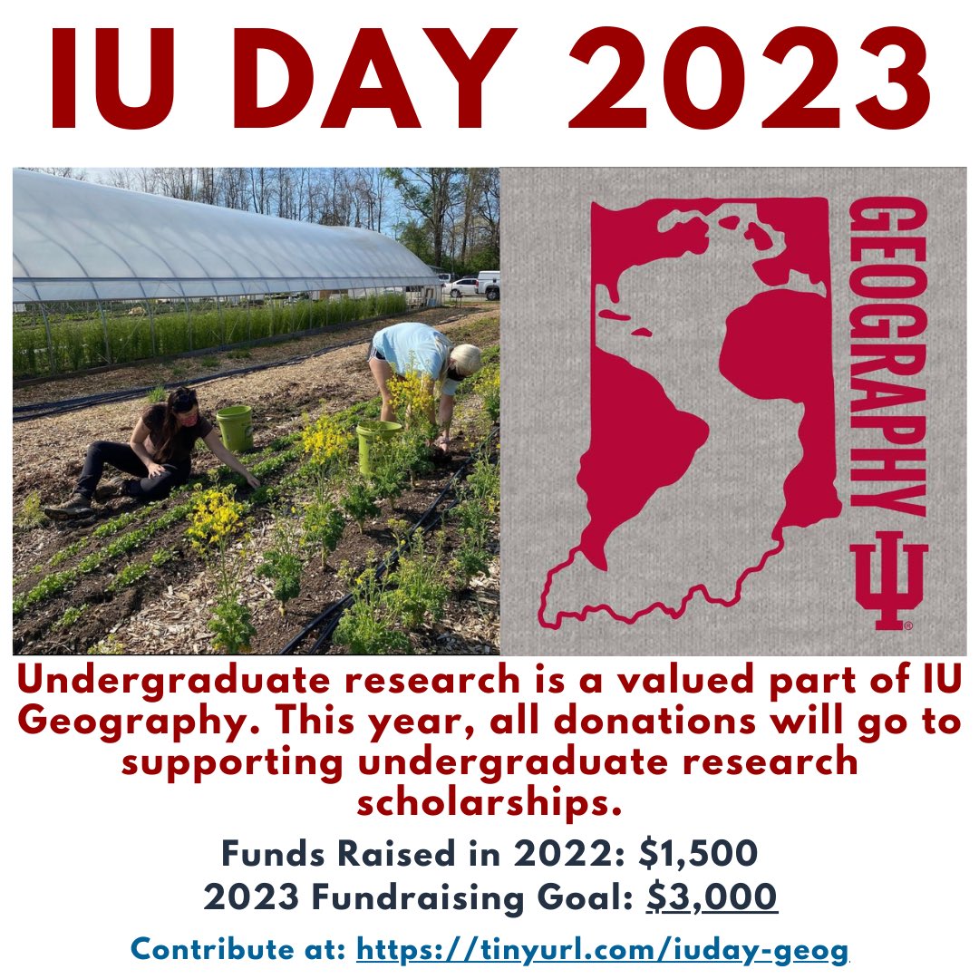 IUGeography's tweet photo. Save the Date for IU Day on April 19th!

This year, all donations will go to supporting undergraduate research scholarships. Here is the link to our donation page: https://t.co/F02sXEnQl9 https://t.co/rxgJMMcNcD