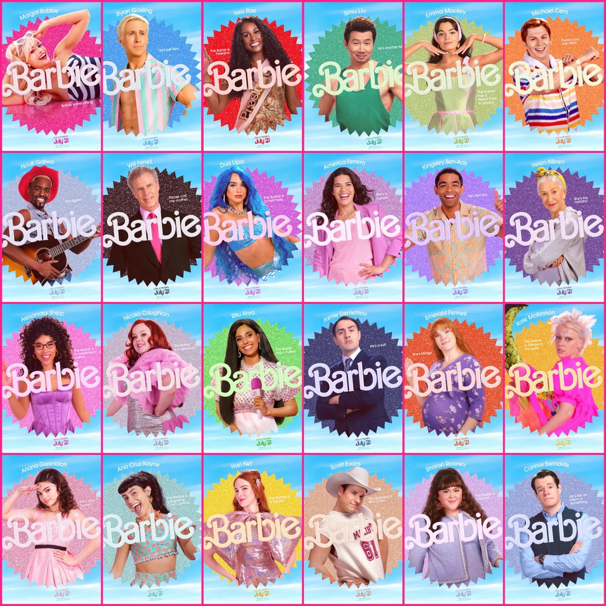 RottenTomatoes's tweet photo. All-new character posters for #Barbie, featuring Margot Robbie, Ryan Gosling, Michael Cera, and more. https://t.co/vs2sE0RsbM