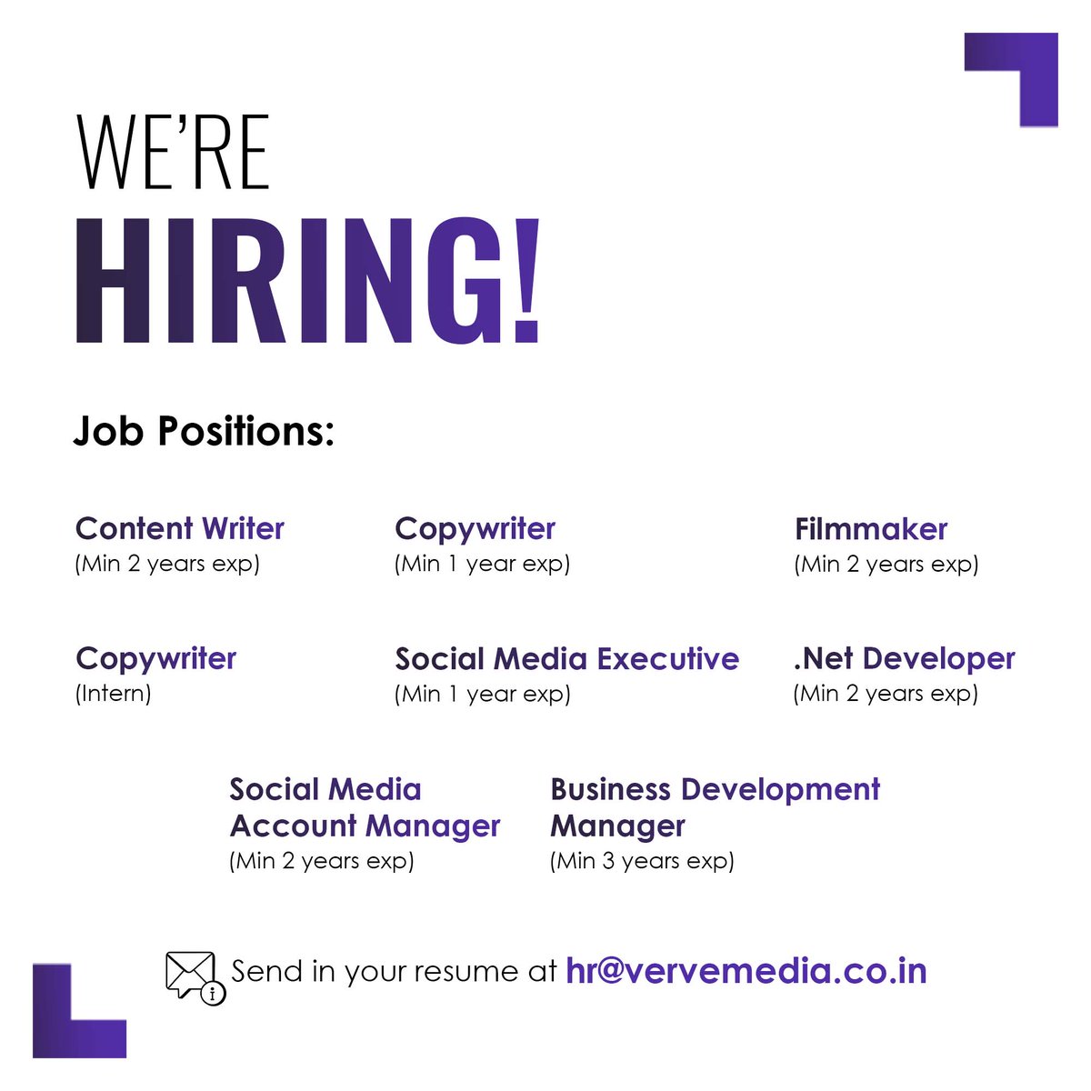 HIRING ALERT!

Whether you're a creative mastermind, a tech wizard, or a social media guru, we have the perfect role for you.

Think your skills match these roles? Don't be shy, come apply! 

#Vervemedia #digitalagency #agencyjobs #jobalert #wearehiring #socialmediajobs