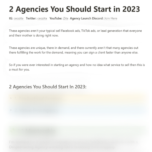 I've built 2 unique agencies to $17k+/mo.

And these are agencies that no one is telling you to do right now meaning their unsaturated.

I put those 2 agencies and how to create them in this guide.

Like, RT and Comment "agency" and I'll DM it to you for FREE

(must be following)