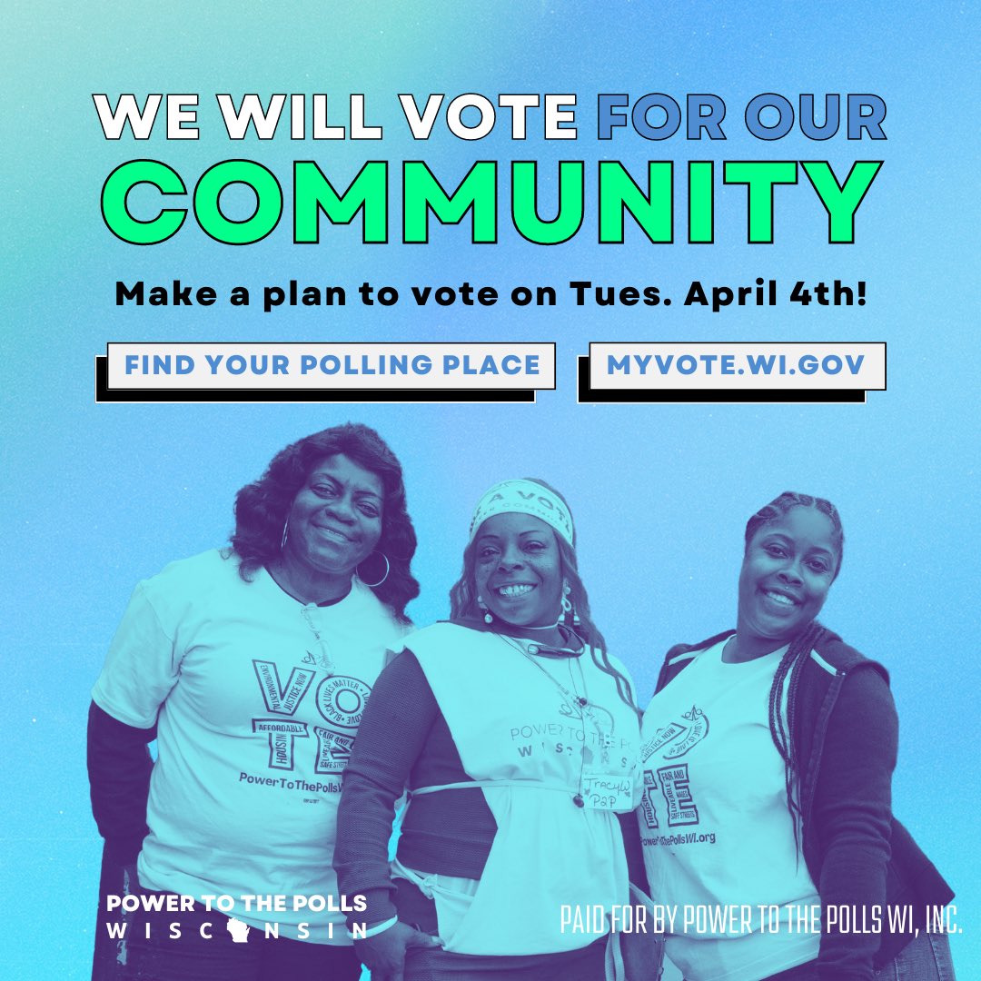 Rise and shine! ☀️ Today is #ElectionDay, Wisconsin! We’re voting for our futures, freedoms, and communities 🗳️

Polls are open from 7AM-8PM. Make a plan to vote and if you’re in line by 8PM, stay in line! Find your polling place at myvote.wi.gov.