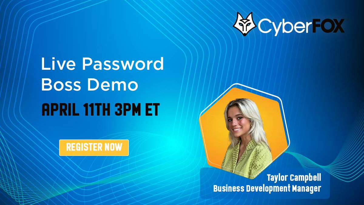 CyberFoxLLC's tweet image. Next weeks #passwordboss live demo will be hosted by one of our Business Development Managers, Taylor Campbell at 3pm EST on April 11th!  

Be sure to sign up using the link below to get the answers all of your questions!

✨bit.ly/3ZHeqHl✨