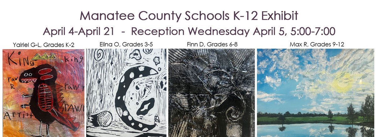 Manatee County Schools K-12 Exhibit opens today! There is so much talent on display in 281 all media art pieces by our Emerging Artists. Thank you Manatee Schools for your partnership. 
#manateeschoolsgoodnews #EmergingArtists #manateeartists