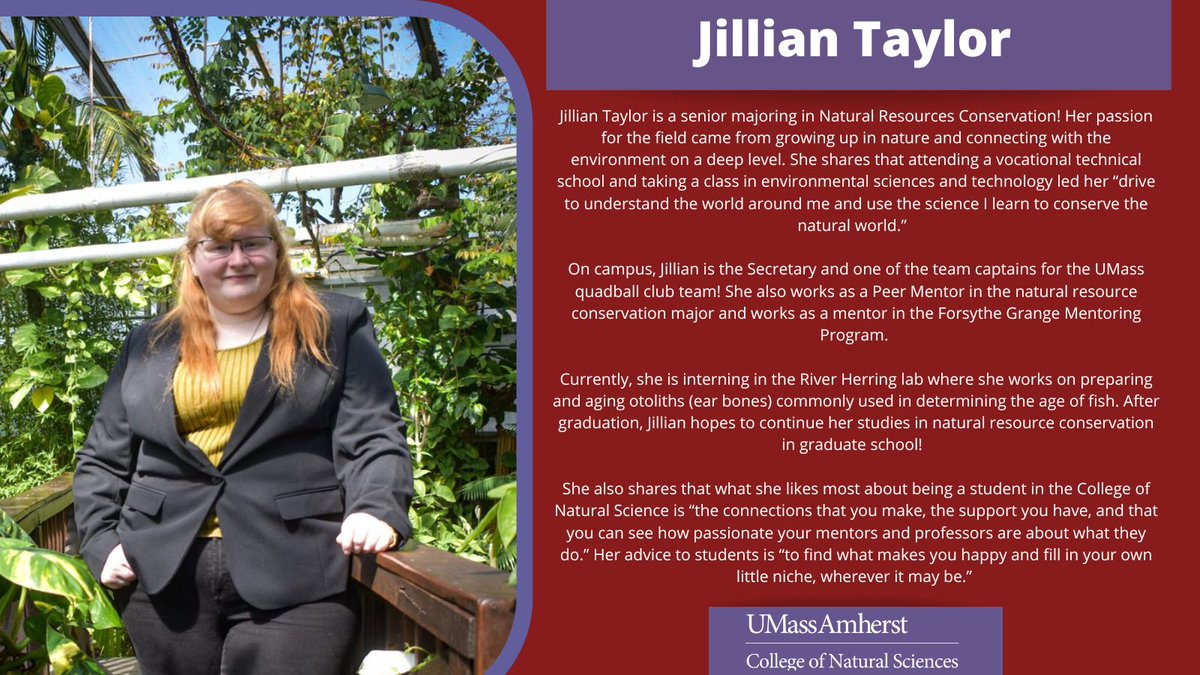 CNS_UMass's tweet photo. Meet Jillian Taylor, a senior majoring in #NaturalResourceConservation! 🌎⭐️ @UMassEcon https://t.co/L8cUyPm7HL