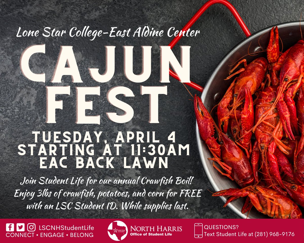 Are you ready for some crawfish?!? @LSCNHStudntLife is hosting Cajun Fest today! Stop by for a good time and some great food!