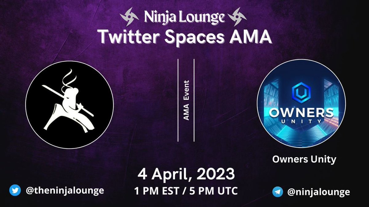 📢Join us for the Twitter Space #AMA with <a href="/OwnersUnity/">Owners Unity Token</a> 

⏲️ Today, 5PM UTC
🏆 USD #Giveaway 
✅Set Reminder: x.com/i/spaces/1jMJg…

🥇 Follow <a href="/TheNinjaLounge/">Ninja Lounge moved to Defi Dojo</a> &amp; <a href="/OwnersUnity/">Owners Unity Token</a> 
🥈Like &amp; RT 
🥉 Comment Questions

#BSC #BNB #BTC #ETH #Rewards