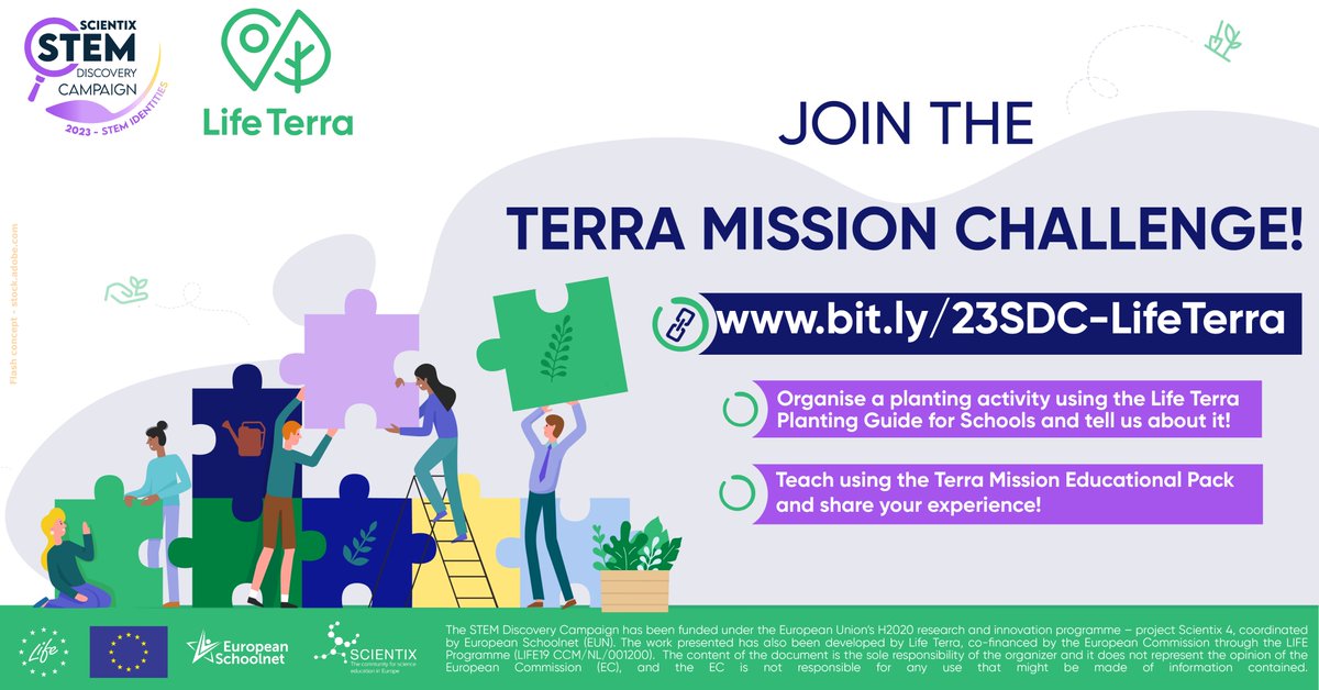 Do you want to motivate your #students for climate action? Join the #TerraMissionChallenge and teach sustainability in an innovative way 🌱!
Enrol in <a href="/LIFETerraEurope/">Life Terra</a> and <a href="/scientix_eu/">Scientix</a> competition during the #SDC23 and help us make #STEM for all 👩‍🏫
🔗 bit.ly/23SDC-LifeTerra