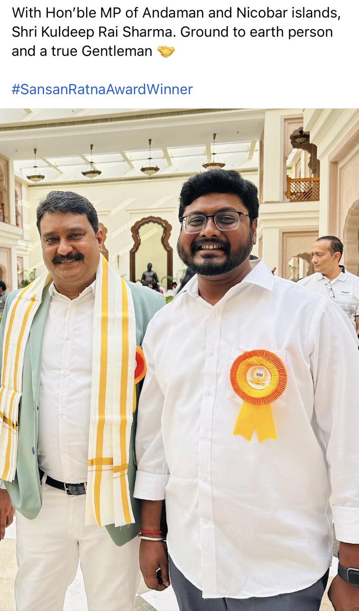 srisriniii's tweet photo. With Hon’ble MP of Andaman and Nicobar islands, Shri Kuldeep Rai Sharma. Ground to earth person and a true Gentleman 🤝

#SansanRatnaAwardWinner https://t.co/ff0gK6pp5L