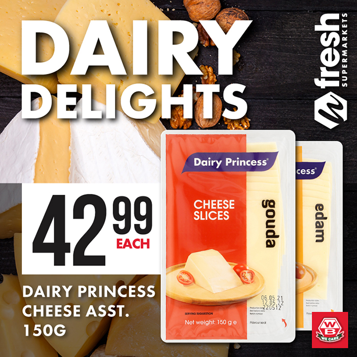 Say Cheese! 😋 From gouda to brie, we've got a variety of delicious Dairy Delights waiting just for you! 🧀🍴🤩  Available at Woermann Fresh /Ae//Gams, Eros, and Olympia. Special offers valid until 4 April 2023. While stocks last. E&OE. #WoermannBrock #Fresh #Dairydelights