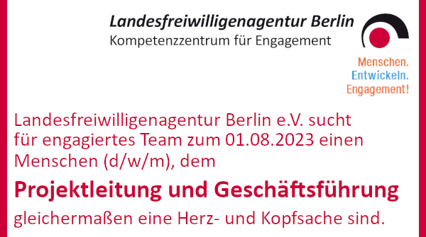 Die #Landesfreiwilligenagentur #Berlin sucht zum 1. August 2023 eine Führungskraft (d/w/m) für die Aufgabe der Projektleitung / Geschäftsführung. Infos &amp; Ausschreibung ➔ landesfreiwilligenagentur.berlin/projektleitung…

#MenschenEntwickelnEngagement #Stellenangebote #Jobs