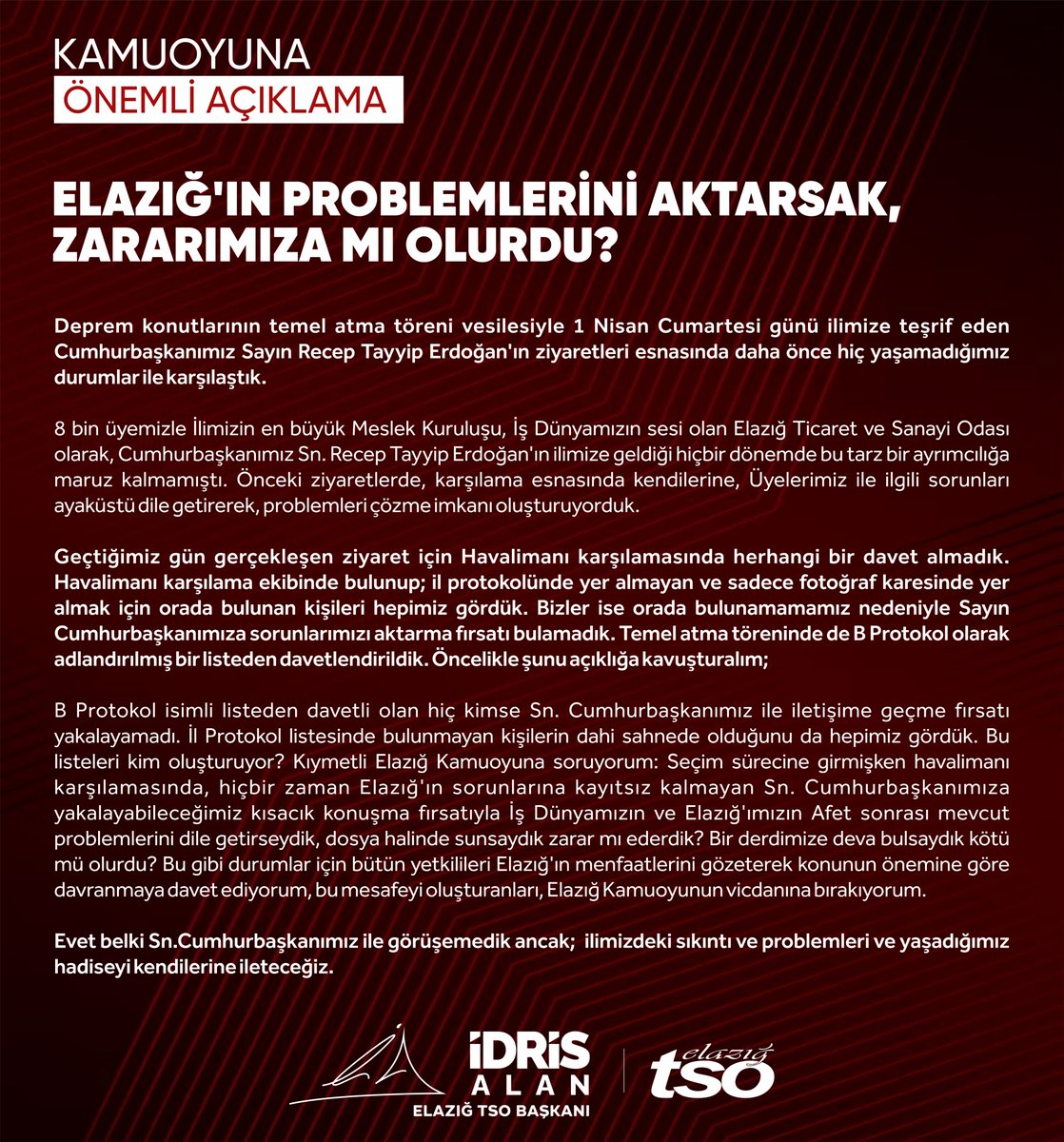 elazigtso's tweet image. Elazığ Ticaret ve Sanayi Odası Yönetim Kurulu Başkanımız Sn. İdris Alan, Cumhurbaşkanı Recep Tayyip Erdoğan’ın Elazığ’ı ziyaretleri esnasında araya mesafe konulduğunu ifade etti.

Önceden gerçekleştirilen ziyaretlerde Cumhurbaşkanı Sn. Recep Tayyip Erdoğan ile temaslarda…