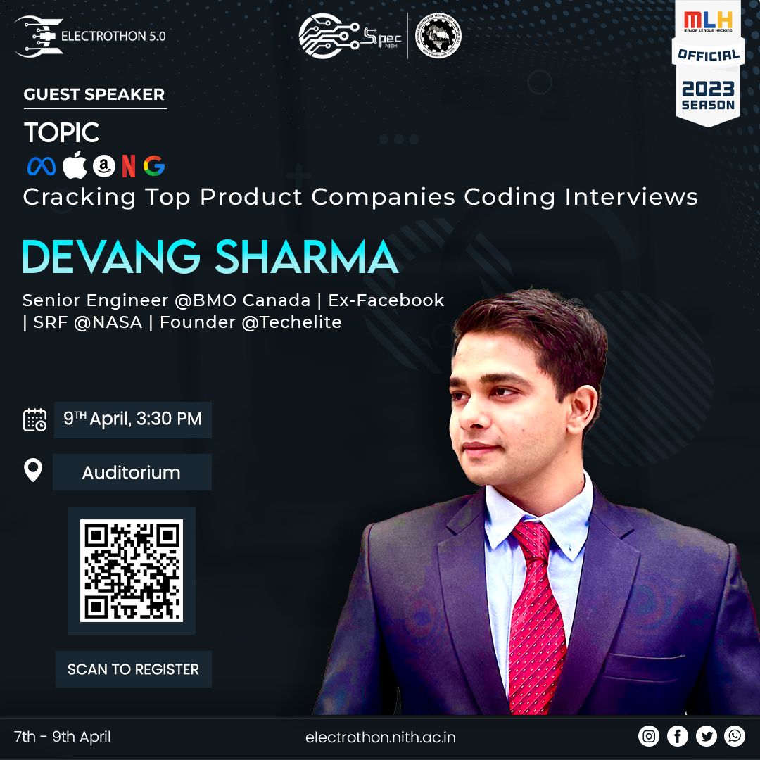 We're immensely pleased to announce that @idevangsharma, Senior Engineer at BMO Canada and founder of TechElite, will be joining us for  Electrothon 5.0! 🚀

Register Now!

#technology #spec #nithamirpur #electrothon #innovation #talk #announcement