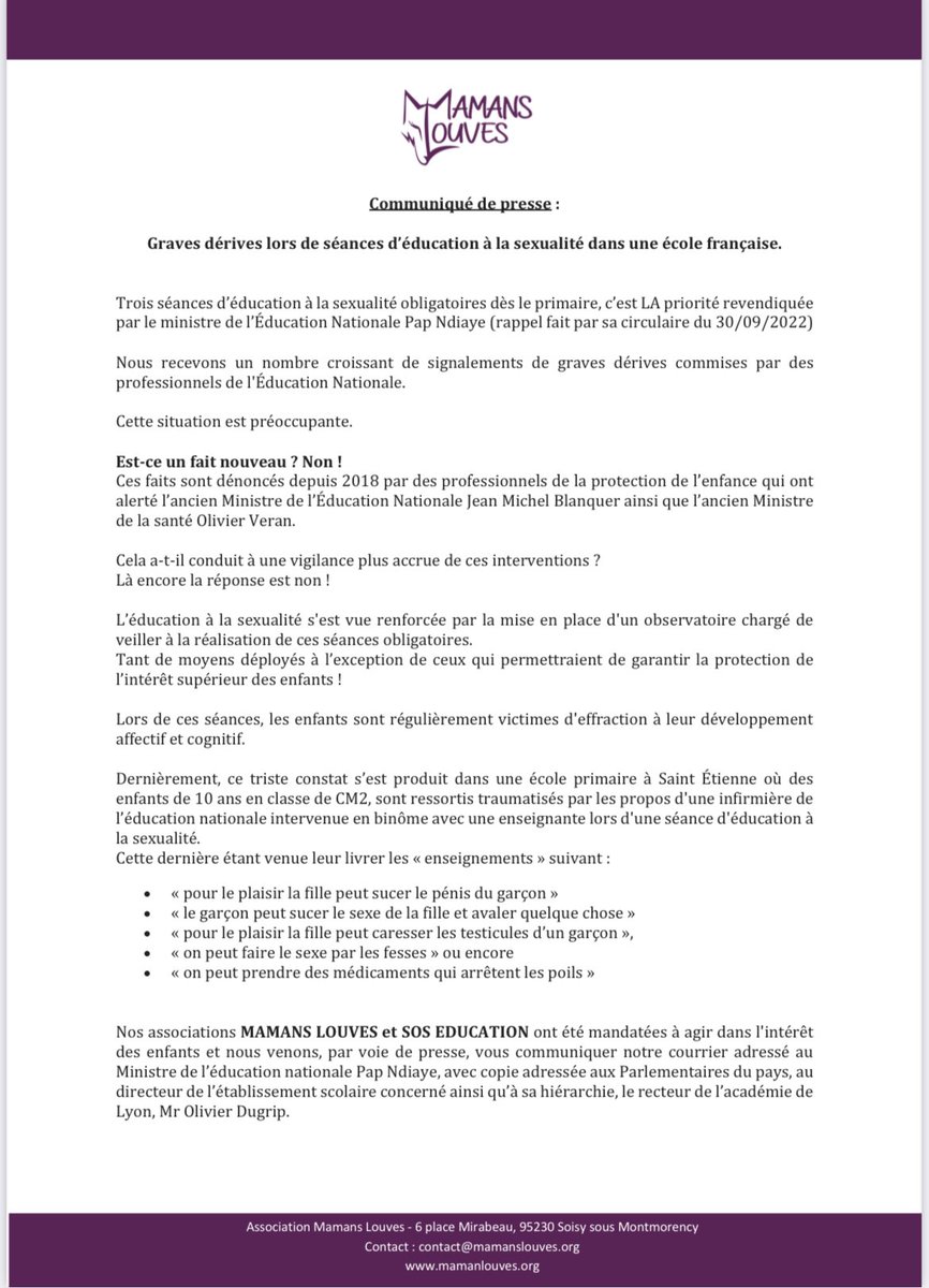 MamansLouves's tweet photo. Communiqué de Presse 📄
📎Graves dérives lors de séances d’éducation à la sexualité dans les écoles françaises.
📢Les parents doivent savoir et l’Éducation Nationale prendre ses responsabilités.@PapNdiaye https://t.co/2qEV4rAjoT
