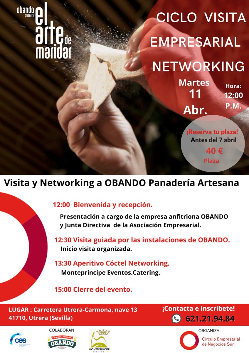 🥨🏭¡Acompáñanos a conocer <a href="/PanaderiaObando/">Panaderia Obando</a>!
De panadería familiar a empresa referente en su sector, trabajo, innovación tecnológica y esencia tradicional.
Visita y cóctel #networking.🗓️ Martes 11 Abril 12:00 H.
Inscripción  621 21 94 84
#sinergias #panaderiaArtesanal #Maridajes
