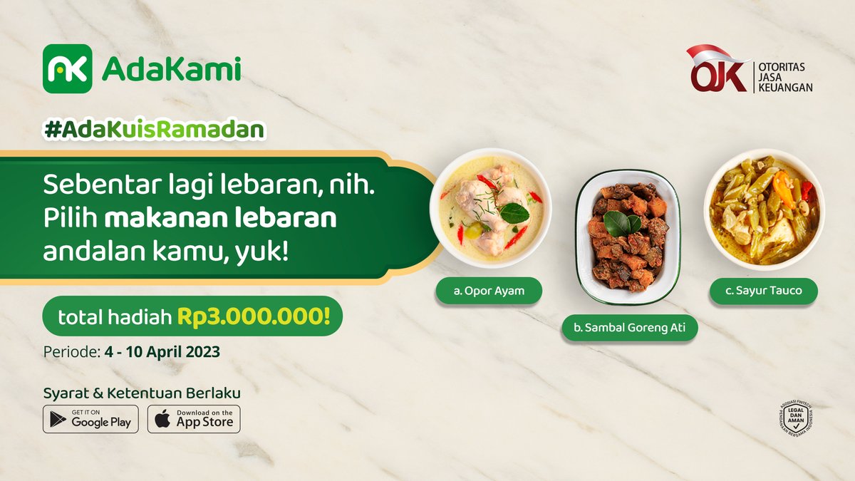 adakamiofficial's tweet photo. DUHHH jadi ngga sabar buat makan makanan lebaran 🤤

Berhubung cuma bisa ngebayangin, mending pilih yang paling sesuai dan tulis di kolom komentar, 3 orang paling beruntung bakal dikirimin THR lho~

Ikutin syarat dan ketentuannya, yuk! https://t.co/s6mvdb4II6