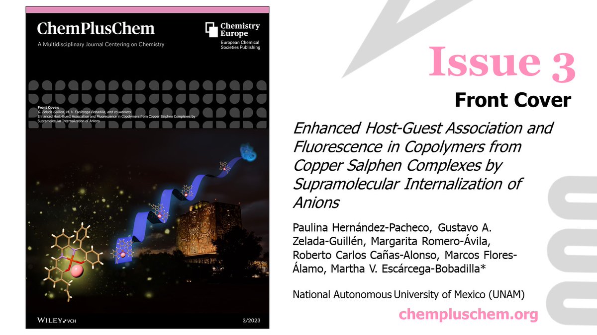 Issue 3 is complete! Check out the full issue here: …mistry-europe.onlinelibrary.wiley.com/toc/21926506/2…

Featured on the Front Cover is the work of M. Escárcega-Bobadilla and colleagues on the enhanced host-guest association and fluorescence in copolymers from Cu salphen complexess <a href="/SupraNano/">The Supra And Nano Lab</a>