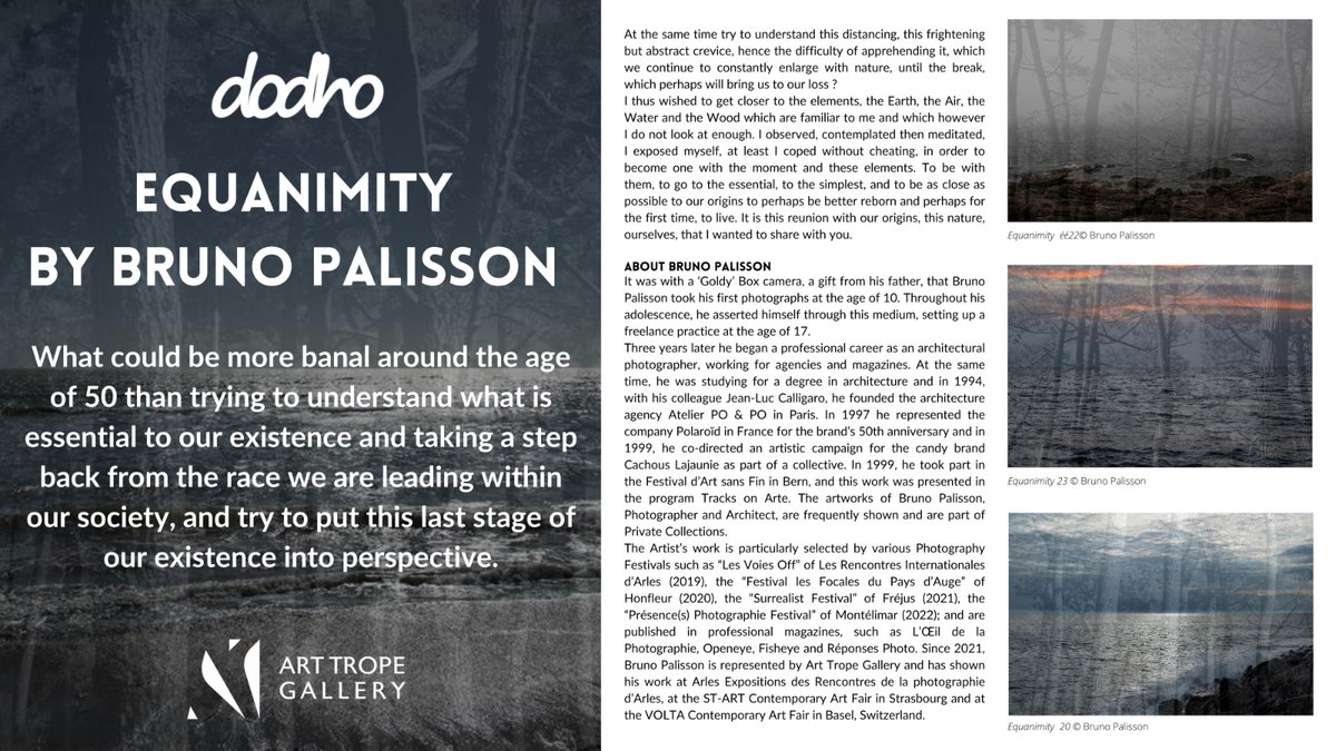 ArtTropeGallery's tweet photo. [ #Press #DodhoMagazine #BrunoPalisson #ArtTropeGallery ] 📰⚡️
.
Thank you @DodhoMagazine for highlighting the work of @BrunoPalisson and his series “Equanimity”
.
👉 Read the article: https://t.co/CNzMZ18kQF

#art #photographer https://t.co/3wV1a8Si5g