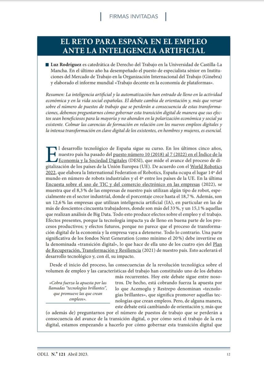 rodriguezluz_'s tweet photo. Honrada y agradecida a @andresortegak por invitarme a publicar en el 10 aniversario de #ODLI el artículo "El reto para España en el empleo ante la Inteligencia Artificial" https://t.co/jEpQW3T0nV