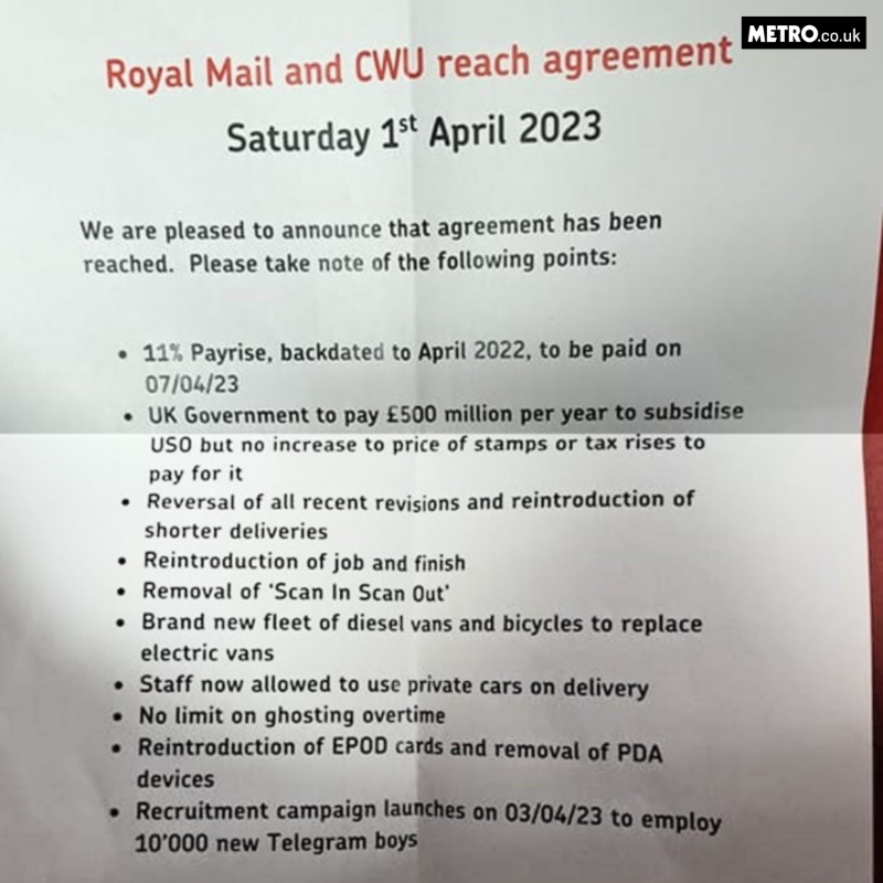 MetroUK's tweet photo. Royal Mail has apologised for a ‘tone deaf’ April Fools’ prank after a manager announced a fake 11% pay rise for staff.