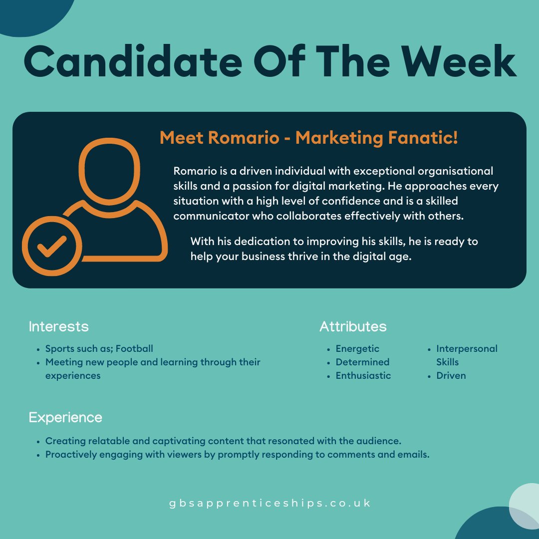 GBSApprentices's tweet photo. Meet our Candidate Of The Week, Romario!

Employers who would like to know more about Romario and what he can offer to your business, please feel free to reach out to Holly:
📧 holly.mason@gbs-ltd.co.uk
📱 07443 662 203

#hiring #recruiting #employers #candidateoftheweek https://t.co/861DyywkRm