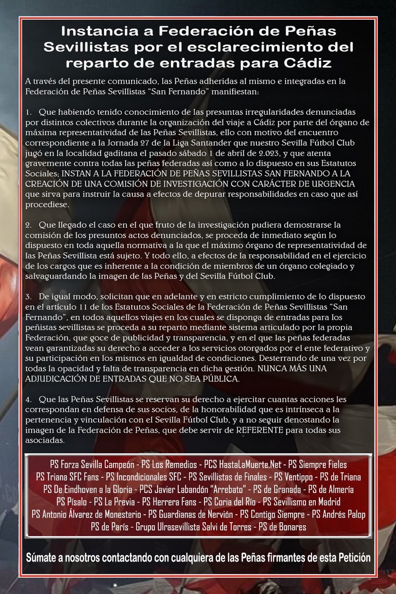 Solicitamos una investigación sobre el reparto de entradas de la Federación de Peñas Sevillista.
#PorLaVerdad #TranspareciaFPS #FPSGate