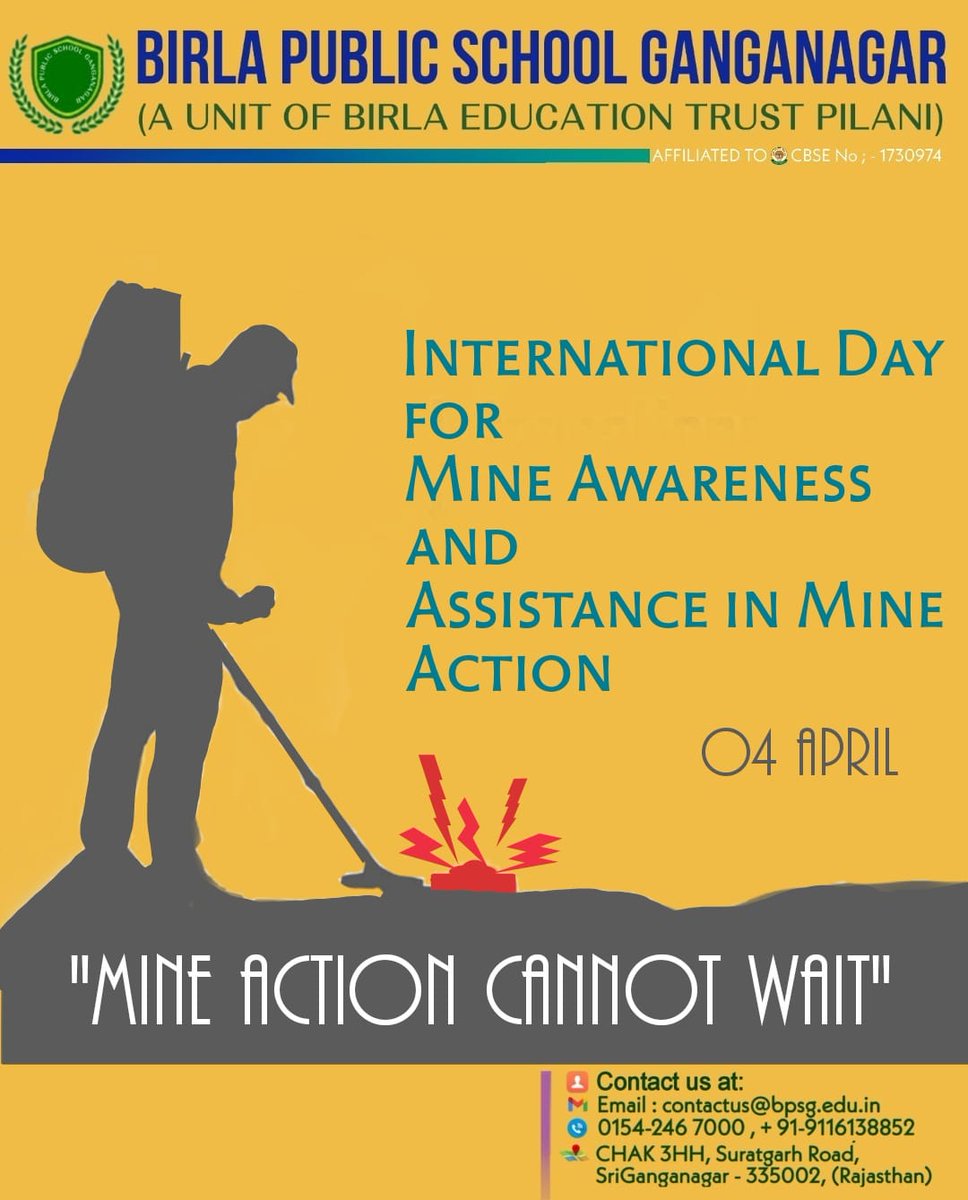International Day of Mine Awareness and Assistance in Mine Action is observed on 4th April to raise awareness against explosive mines and gather assistance towards their eradication. 
This year's theme is ‘Mine Action Cannot Wait’
#InternationalDayOfMineAwareness
#BETPilani
