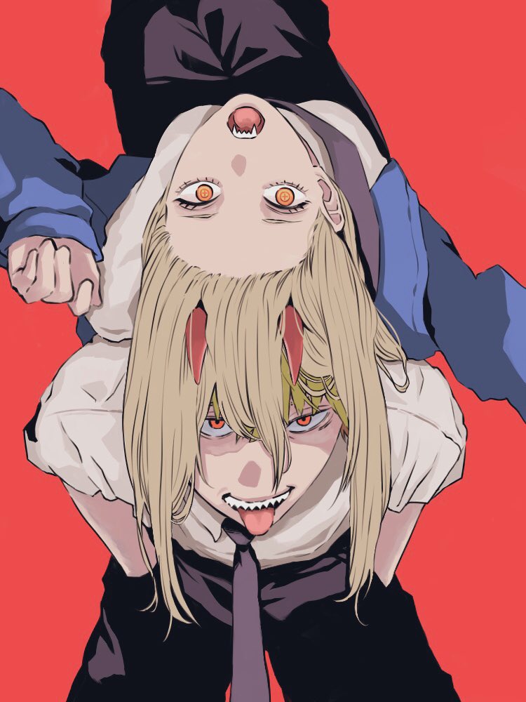 power (chainsaw man) cross-shaped pupils horns blonde hair red background tongue necktie sharp teeth  illustration images