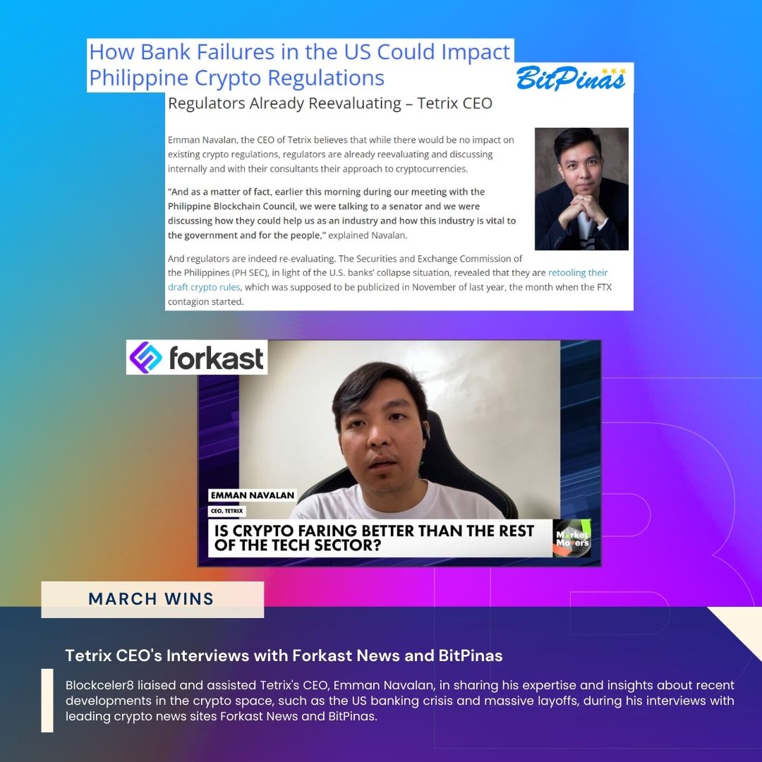 blockceler8's tweet photo. Marching to the beat of our own PR drum! 🥁 Here's a recap of Blockceler8's major wins and accomplishments for the month of March:

#PouchPhilippines #BitcoinConference #Mintoo #PDAX #NewHorizons #Tetrix #Blockchain #Blockceler8 #Blockceler8PR #PublicRelations #PRSuccess https://t.co/3XxRiWjTPn
