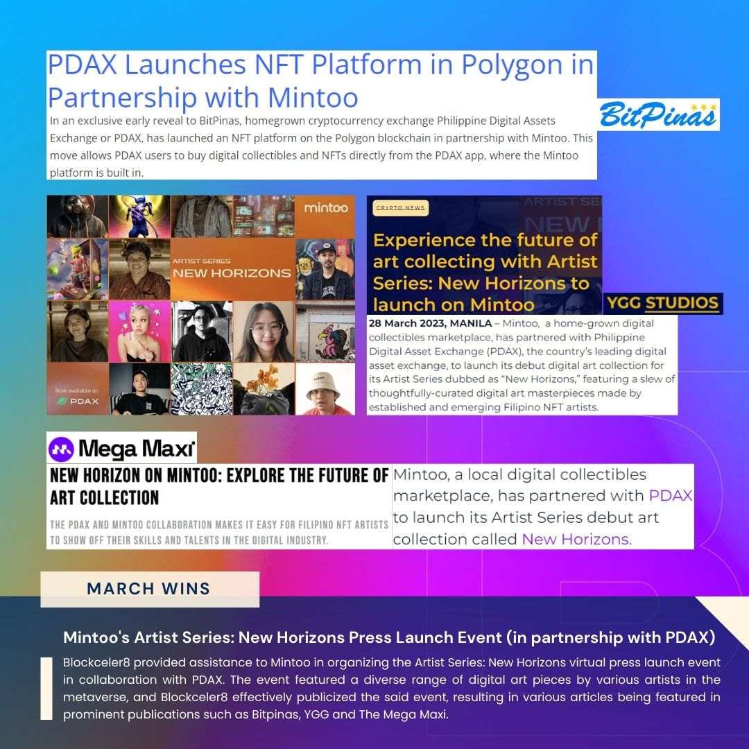 blockceler8's tweet photo. Marching to the beat of our own PR drum! 🥁 Here's a recap of Blockceler8's major wins and accomplishments for the month of March:

#PouchPhilippines #BitcoinConference #Mintoo #PDAX #NewHorizons #Tetrix #Blockchain #Blockceler8 #Blockceler8PR #PublicRelations #PRSuccess https://t.co/3XxRiWjTPn
