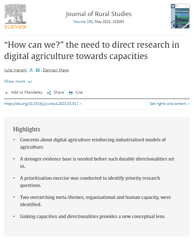 CCRI_UK's tweet photo. A new paper has just been published by @DamianMaye &amp; Julie Ingram in #Journal of #Rural Studies
The paper explores organisational &amp; human capacities to support #DigitalAgriculture transitions
Free download for 50 days: https://t.co/jqMTKYwAIE https://t.co/sKyUZtOKMI