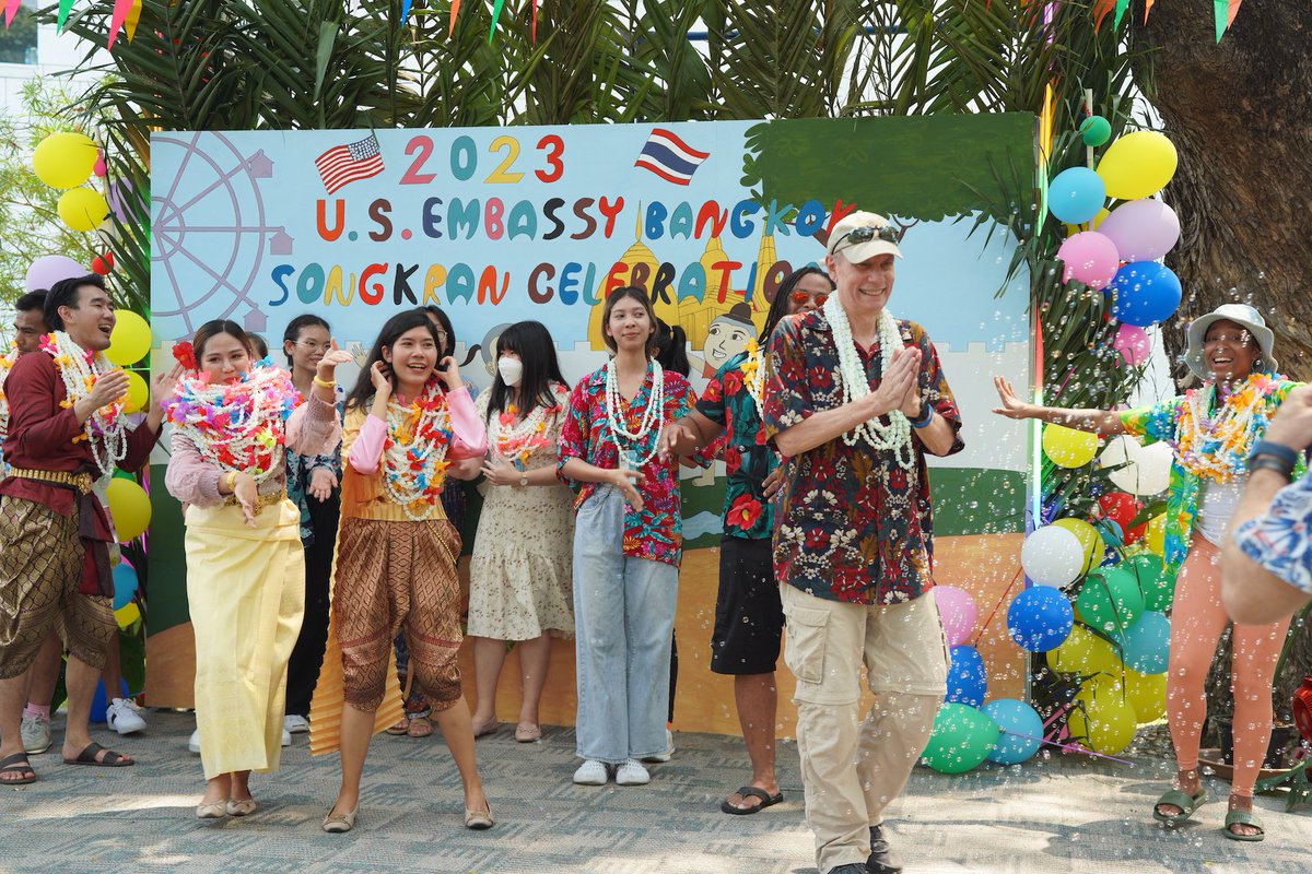 USAmbThailand's tweet photo. Here @USEmbassyBKK we started #Songkran early and with a blast! Huge thank you to the local staff who did an amazing job organizing a truly fun event! It was a fabulous, joyous time. Hope everyone has a great Songkran and healthy, prosperous &amp; wonderful new year! –BG #190ThaiUS https://t.co/jZscVT7khP