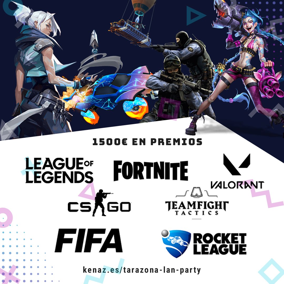 🏆Aquí tenéis los torneos de Tarazona Gamer Party.

#leagueoflegend  5 VS 5
#counterstrikeGO 5 VS 5
#Valorant 5 VS 5
#fortnite 1 VS 1
#teamfighttactics 1 VS 1
#FIFA23 #PS4 1VS 1
#RocketLeague 2 VS 2

Organiza: <a href="/AytoTarazona/">Ayuntamiento de Tarazona</a> 

Entradas en al web:

kenaz.es/tarazona-lan-p…