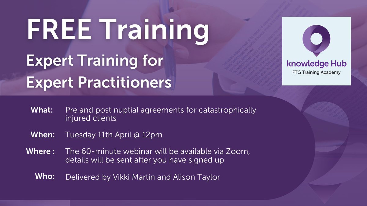 Frenkel_Topping's tweet photo. Join our very own, Alison Taylor and Wolferstans, Vikki Martin for Frenkel Topping Group's next FREE Knowledge Hub session next week.

This free webinar will cover the topic of: Pre and post nuptial agreements for catastrophically injured clients.

🔗 https://t.co/EBGimxHuw2 https://t.co/TPrvLdrli4