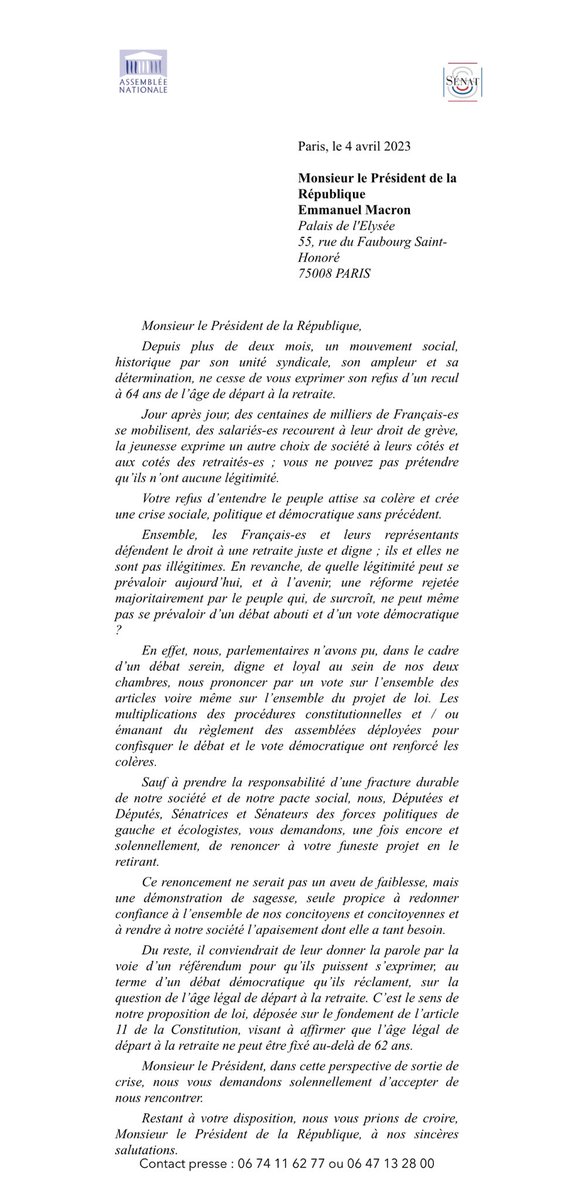 Le courier remis il y a quelques minutes par les parlementaires communistes et Bertrand Pancher (LIOT) à Patrick Strzoda à l’Élysée