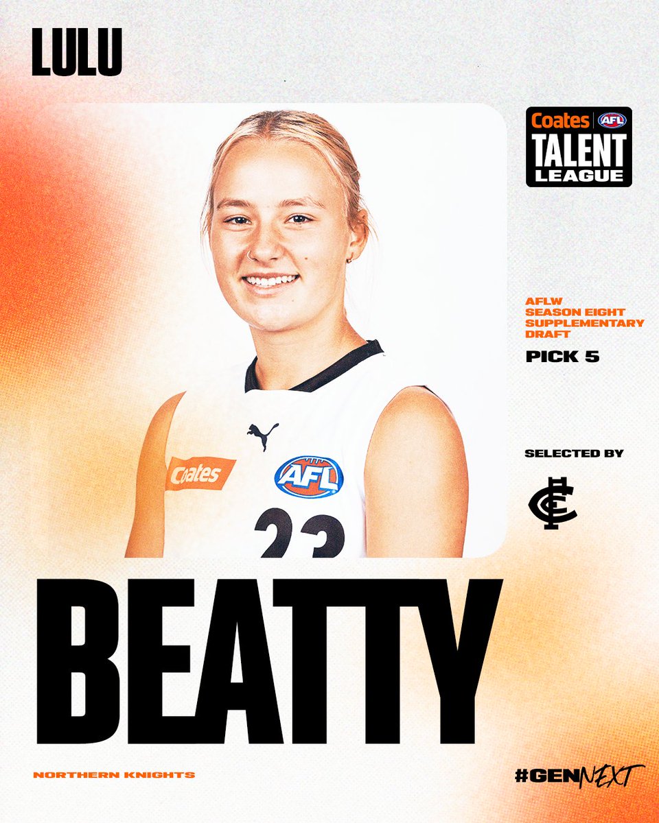 TalentLeague's tweet photo. Lulu is a Blue!

Congratulations to Northern Knights utility Lulu Beatty who has been selected by Carlton with pick 5 in the AFLW Season Eight Supplementary Draft.

#GenNext https://t.co/DVxrkyI3HQ