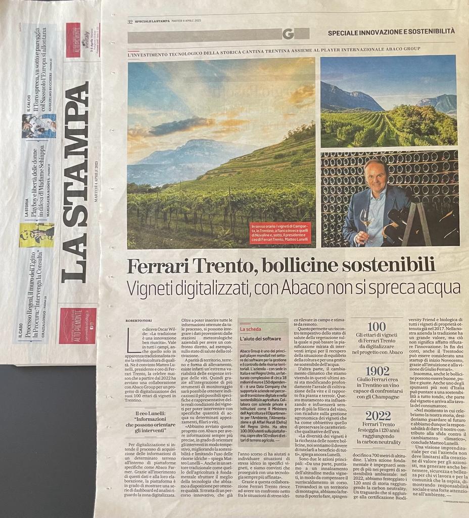🗞️Oggi, su <a href="/LaStampa/">La Stampa</a>, <a href="/LunelliMatteo/">Matteo Lunelli</a> racconta la partnership tra #ABACOGroup e <a href="/FerrariTrento/">Ferrari Trento</a>: un progetto di digitalizzazione che ha visto coinvolti i 100 ettari di vigneti della cantina con l’obiettivo di ottimizzare la produzione e il consumo di #acqua
L'articolo integrale👇
